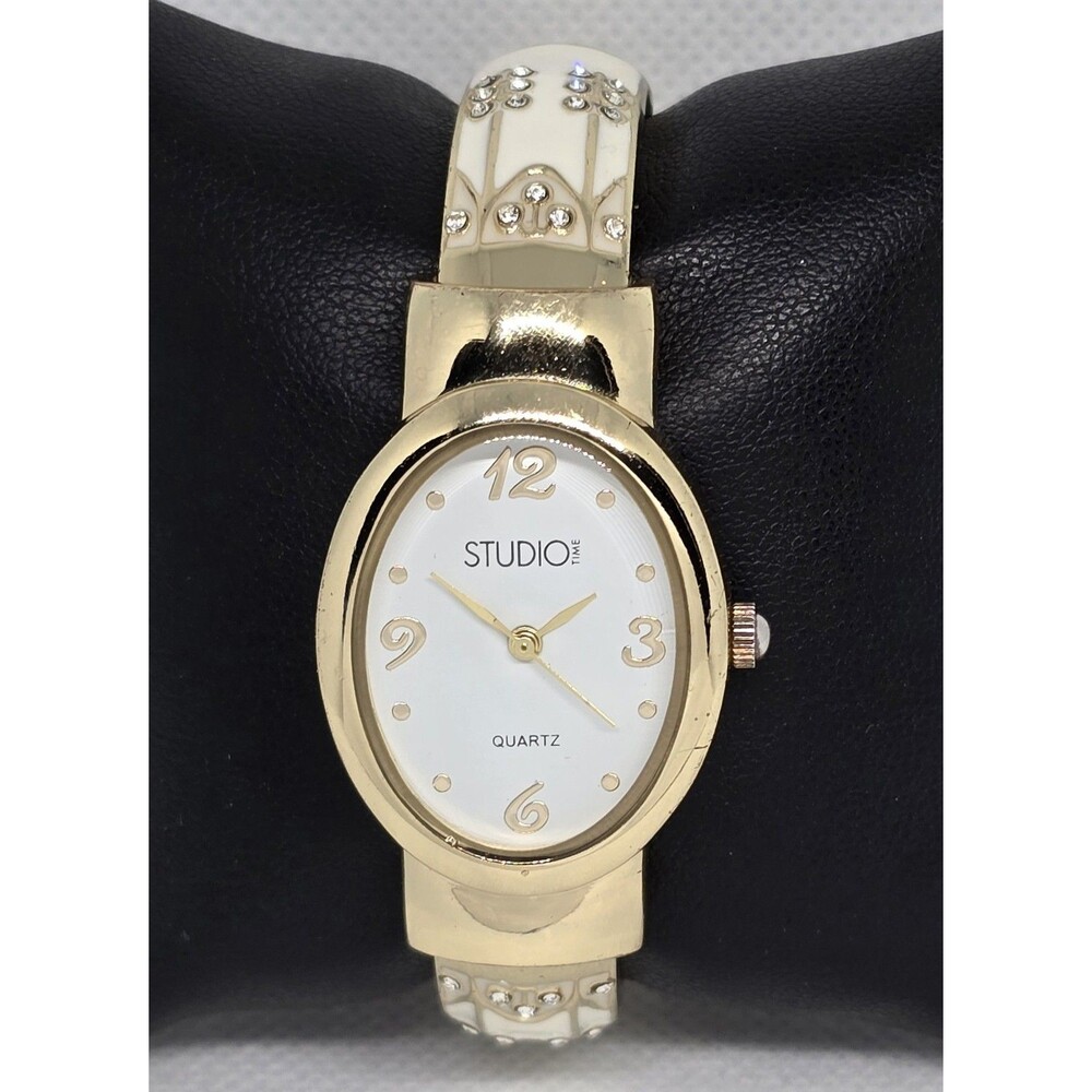 Women's Studio Time Fancy Oval Gold Tone Enamel Open Cuff Bracelet Watch 13 - Picture 5 of 9